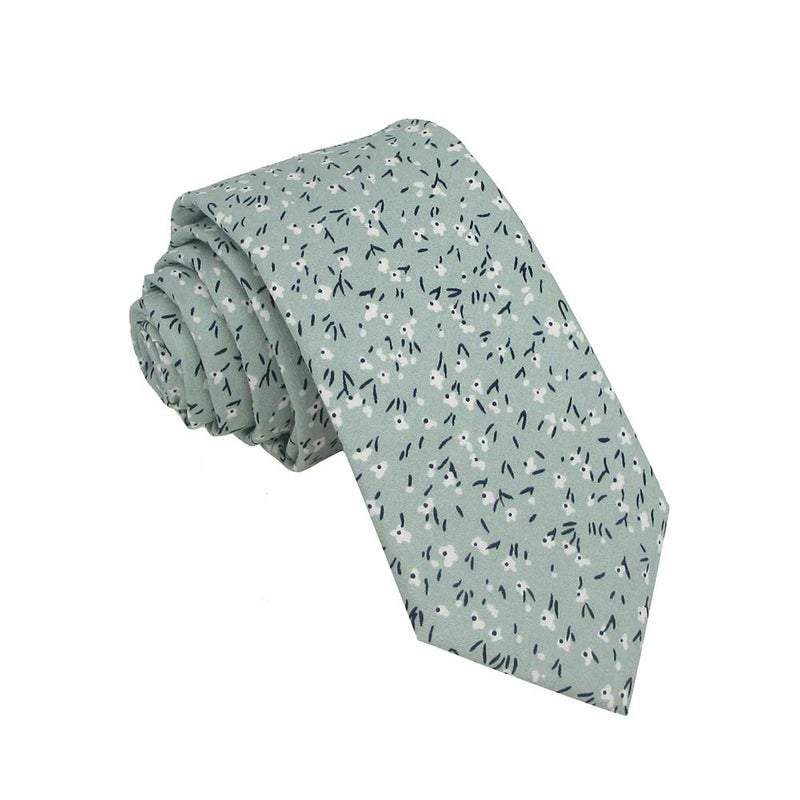Kebocis Mens Skinny Cotton Floral Necktie Thin Tie for Men, Sage Green - Image 1